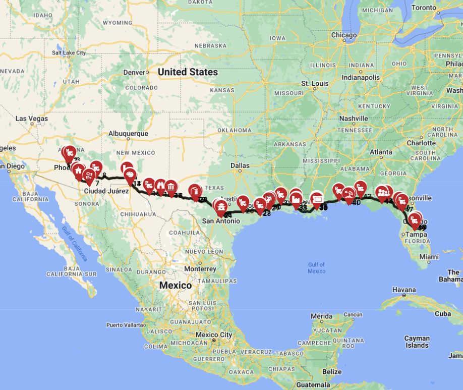 RV trip planning a route from  Phoenix to Orlando
